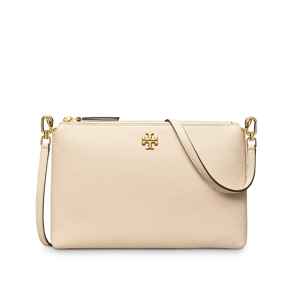 Tory Burch Cream Crossbody Double-Zip Leather Bag with Gold Hardware